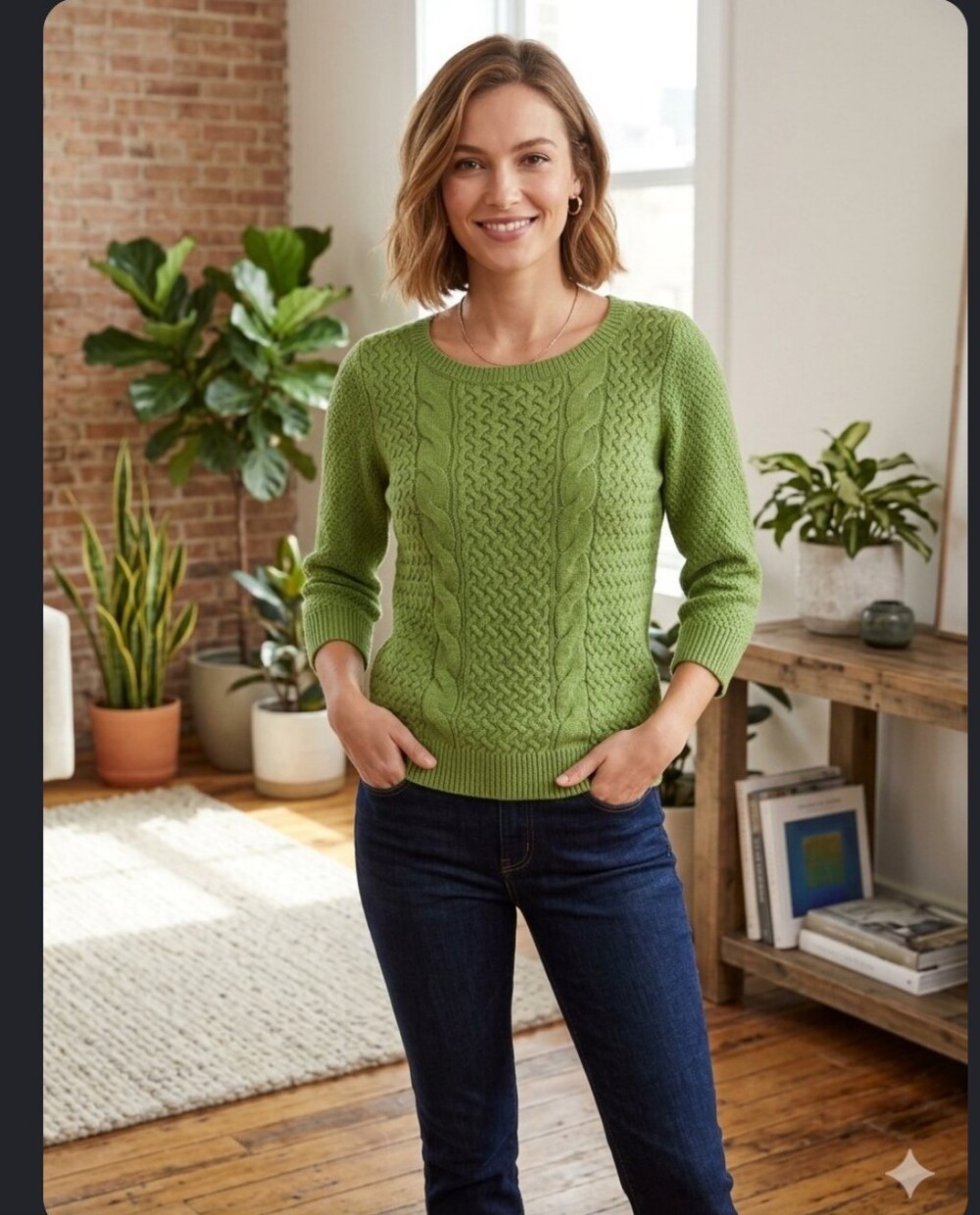 Loft Green Cable-Knit Crewneck Sweater
